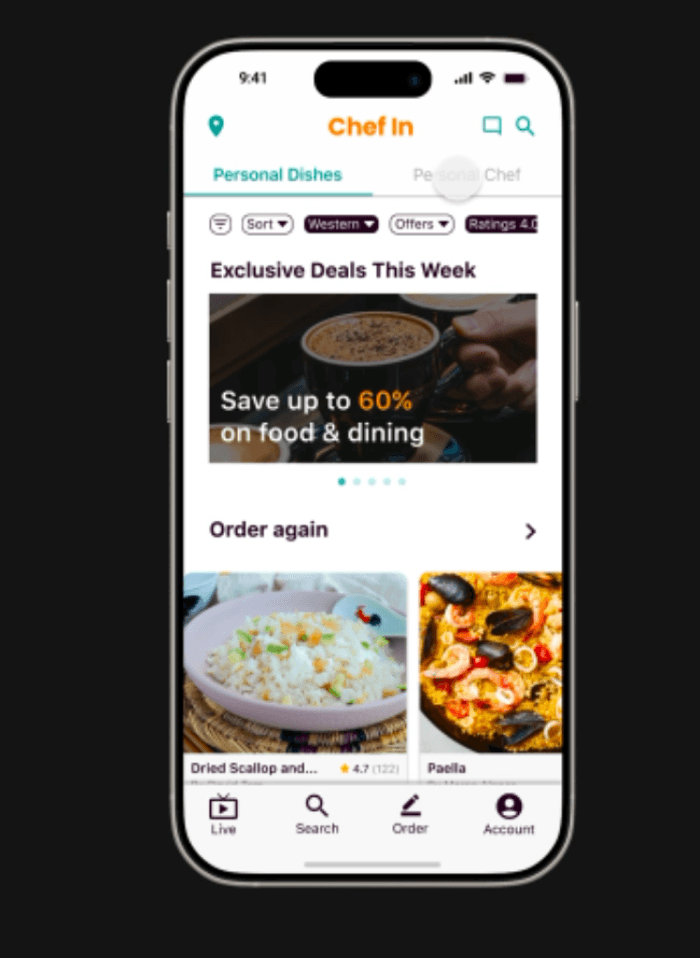 Chef In app on a phone — home screen with dishes and order again