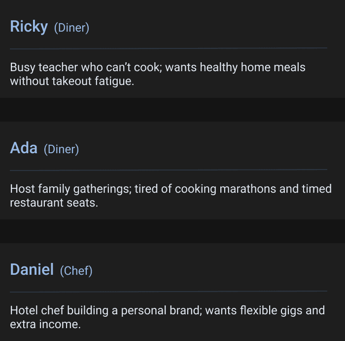 Research personas — Ricky, Ada, and Daniel