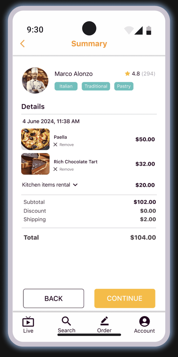 Chef In booking flow on a phone screen